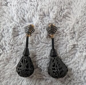 Vintage Gold Tone Black Metal Cage Bead Clip Earrings